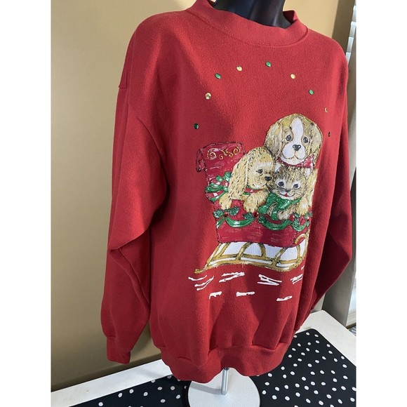 Vintage Embroidered/ Puppies In Sleigh Santa With Gifts 2side Sweatshirt Size XL - Picture 8 of 16